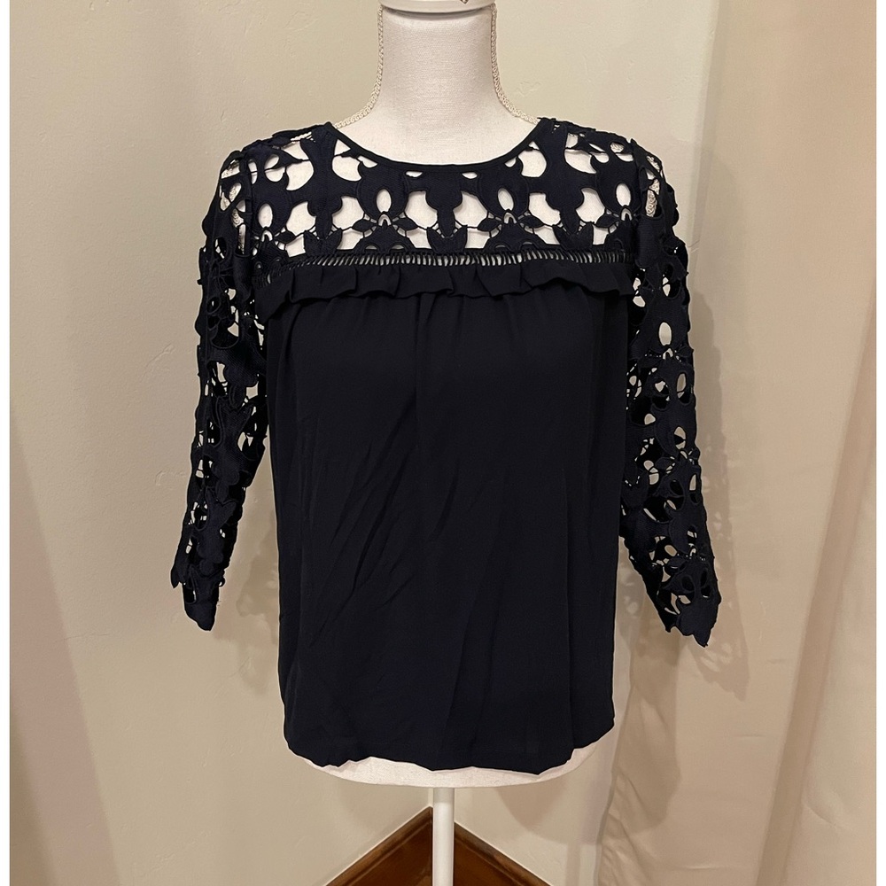 Navy Loft blouse with floral embroidery